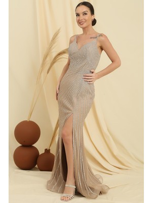 By Saygı Ip Askılı Önü Yırtmaçlı Astarlı Taş Işlemeli Balık Elbise