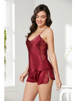 Pierre Cardin Saten Dantelli Şort Babydoll Takım 438 - Bordo