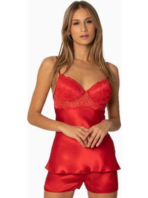 Pierre Cardin Saten Dantelli Şort Babydoll Takım 415 - Kırmızı