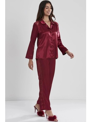 Pierre Cardin Saten Dantelli Pijama Takımı 1438 - Bordo