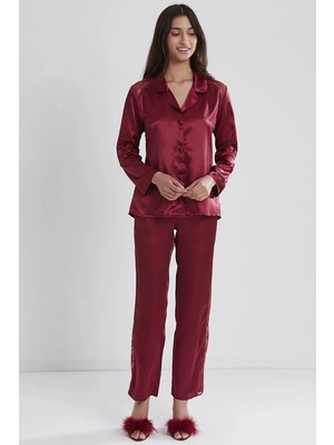 Pierre Cardin Saten Dantelli Pijama Takımı 1438 - Bordo