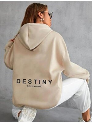 Unisex Destiny Believe Yourself Baskılı Oversize Kapüşonlu Krem Sweatshirt