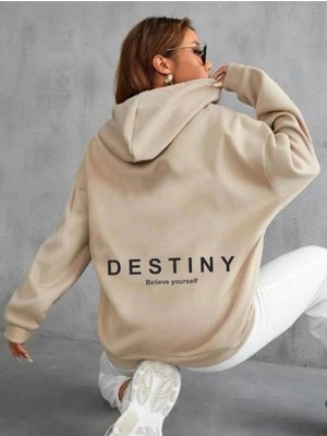 Unisex Destiny Believe Yourself Baskılı Oversize Kapüşonlu Krem Sweatshirt