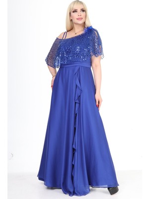 Ladies First Büyük Beden 3858 Saks Uzun Abiye Elbise