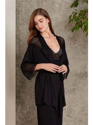 Pierre Cardin Dantelli Penye 3'lü Kadın Pijama Takımı 2820 - Siyah