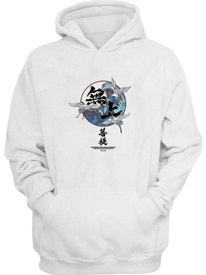 The Wert Unisex Japon Leylekler Baskılı Beyaz Normal Kalıp Şardonlu Kalın Sweatshirt