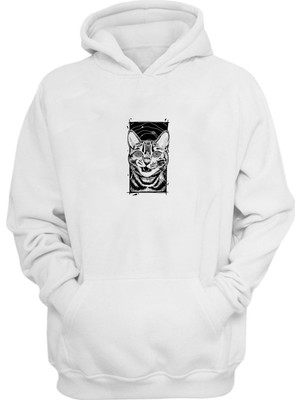 The Wert Unisex Hypnotized Cat Baskılı Beyaz Normal Kalıp Şardonlu Kalın Sweatshirt