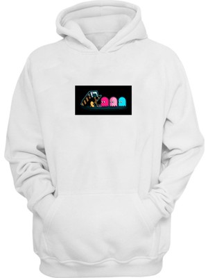 The Wert Unisex Pacman Oyunu Baskılı Beyaz Normal Kalıp Şardonlu Kalın Sweatshirt