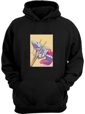 The Wert Unisex Köpek Balığı Suşi Baskılı Siyah Normal Kalıp Şardonlu Kalın Sweatshirt