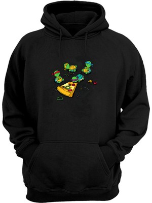 The Wert Unisex Ninja Kaplumbağalar ve Pizza Baskılı Siyah Normal Kalıp Şardonlu Kalın Sweatshirt
