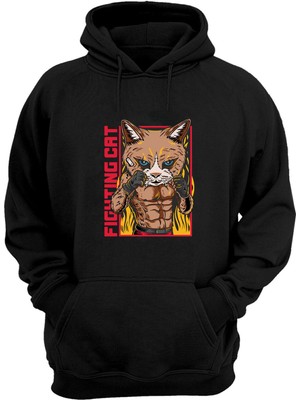 The Wert Unisex Fıghtıng Cat Baskılı Siyah Normal Kalıp Şardonlu Kalın Sweatshirt