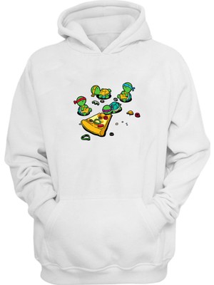 The Wert Unisex Ninja Kaplumbağalar ve Pizza Baskılı Beyaz Normal Kalıp Şardonlu Kalın Sweatshirt