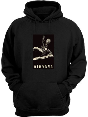 The Wert Unisex Nırvana, Microphone And Shoes Baskılı Siyah Normal Kalıp Şardonlu Kalın Sweatshirt