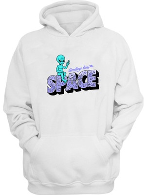 The Wert Unisex Greetings From Space Baskılı Beyaz Normal Kalıp Şardonlu Kalın Sweatshirt