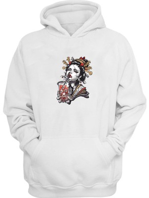 The Wert Unisex Japanese Geisha Girl Skull Drink Baskılı Beyaz Normal Kalıp Şardonlu Kalın Sweatshirt