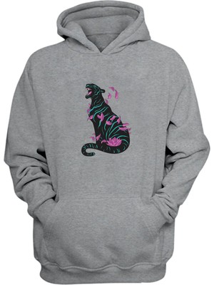 The Wert Unisex Black Panter Pembe Yapraklar Baskılı Gri Normal Kalıp Şardonlu Kalın Sweatshirt