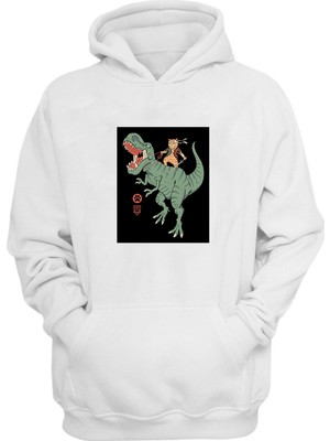 The Wert Unisex Dinazor ve Cat Baskılı Beyaz Normal Kalıp Şardonlu Kalın Sweatshirt