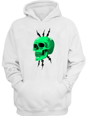 The Wert Unisex Yeşil Kuru Kafa ve Yıldırımlar Baskılı Beyaz Normal Kalıp Şardonlu Kalın Sweatshirt