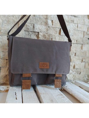 QUB CLUB Unisex Kanvas Kahve  Siyah Su Geçirmez Postacı Iş Okul Evrak Laptop Notebook Çantası (El Çantası Hediyeli)