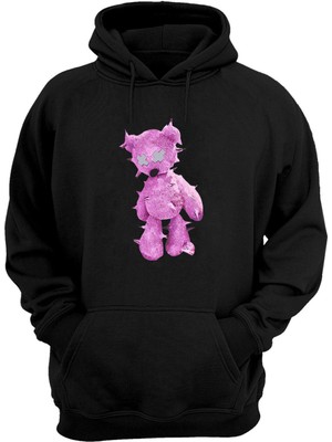 The Wert Unisex Pink Bear Baskılı Siyah Normal Kalıp Şardonlu Kalın Sweatshirt