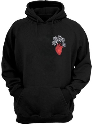 The Wert Unisex Heart With Fading Flowers Baskılı Siyah Normal Kalıp Şardonlu Kalın Sweatshirt