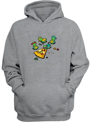 The Wert Unisex Ninja Kaplumbağalar ve Pizza Baskılı Gri Normal Kalıp Şardonlu Kalın Sweatshirt