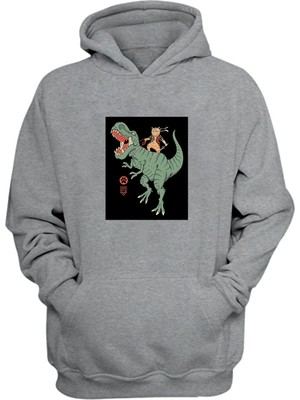 The Wert Unisex Dinazor ve Cat Baskılı Gri Normal Kalıp Şardonlu Kalın Sweatshirt