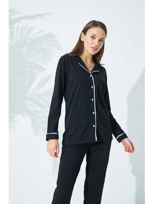 Siyah İnci Beyaz Şeritli Biyeli ve Düğmeli Kadın Pijama Takımı