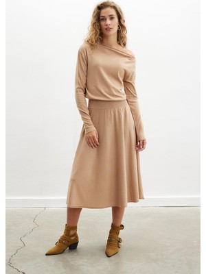 Peraluna Styleboom x Peraluna Mayfaır Dress Yaka Büzgü Detaylı Tek Omuz Açık Kadın Triko Elbise - Camel