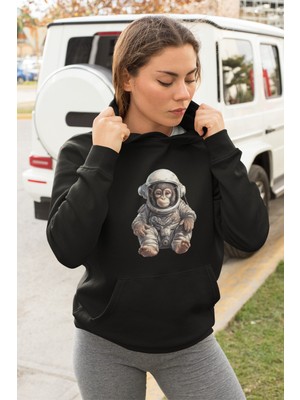 Adabebek Astronot Monkey Baskılı Tarz Oversize Kadın Kapşonlu Sweatshirt