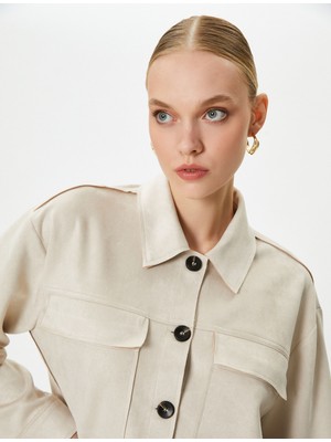 Koton Crop Gömlek Ceket Süet Dokulu Kapaklı Cepli Düğmeli