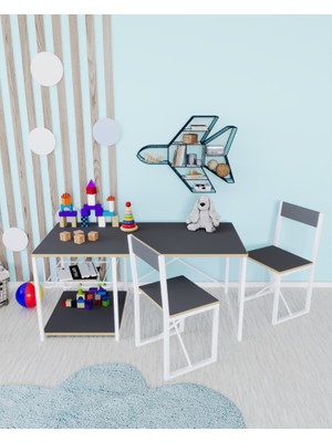 Güzelkan Madeni Eşya Çocuk Çalışma Masası ve 2 Sandalyeli Oyun Etkinlik Aktivite Masası Antrasit
