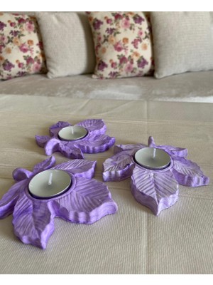 Mor Villa Mum Üçlü Yaprak Mumluk,Dekoratif Mumluk,Tealight Mumluk,Hediyelik Eşya