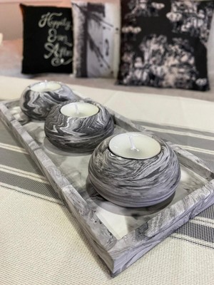 Mor Villa Mum El Yapımı 3'lü Beton Tabaklı Beton Mumluk Set Beton Tealight Set Mumlar Dahildir