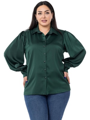 Disentis Modest Büyük Beden Manşeti ve Kol Tepesi Büzgülü Saten Zümrüt Gömlek