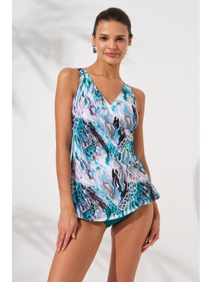 Pierre Cardin Kadın Coral Renkli Mara Kruvaze Formlu Tankini Takım 231501-D Tam Kalıp Tasarım