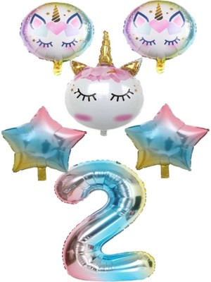 Bal10 Dünyası Unicorn Karakterli Rakamlı Yıldızlı Folyo Balon Seti Yaş 2