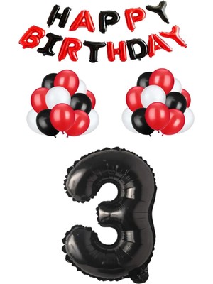 Bal10 Dünyası Siyah Kırmızı Happy Bırthday Siyah Rakam Folyo ve Latex Balon Seti Yaş 3