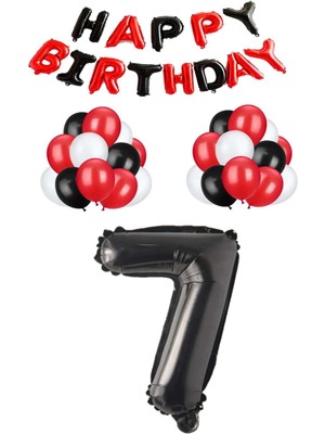 Bal10 Dünyası Siyah Kırmızı Happy Bırthday Siyah Rakam Folyo ve Latex Balon Seti Yaş 7