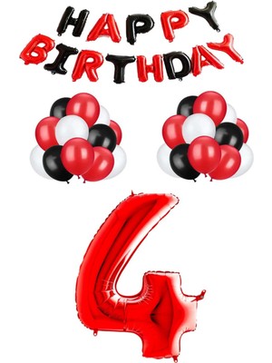 Bal10 Dünyası Siyah Kırmızı Happy Bırthday Kırmızı Rakam Folyo ve Latex Balon Seti Yaş 4