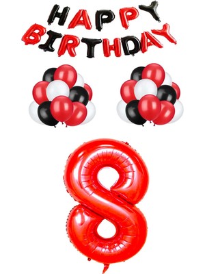 Bal10 Dünyası Siyah Kırmızı Happy Bırthday Kırmızı Rakam Folyo ve Latex Balon Seti Yaş 8