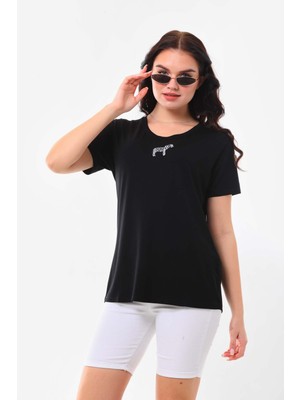 Sistas Kadın Zebra Desenli Kısa Kol Bluz 23118 Siyah