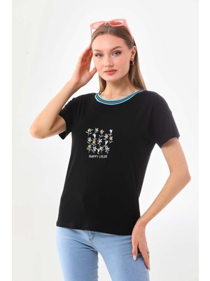 Sistas Kadın Çiçek Işlemeli Bisiklet Yaka Kısa Kol Bluz 23048 Siyah
