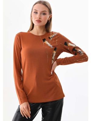 Sistas Kadın Desenli Bisiklet Yaka Uzun Kol Bluz 23598 Camel