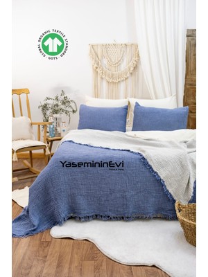 Yaseminin Evi Indigo - Ekru Battal + 2 Yastık Kılıflı Müslin Yatak Örtüsü