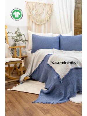 Yaseminin Evi Indigo - Ekru Tek Kişilik 4 Kat Müslin Yatak Örtüsü