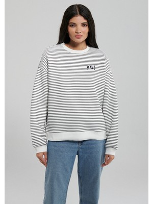 Mavi Logo Baskılı Çizgili Beyaz Sweatshirt