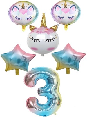 Best Parti Unicorn Karakter  Rakamlı Yıldızlı Folyo Balon Seti Yaş 3