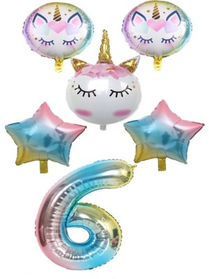 Best Parti Unicorn Karakter  Rakamlı Yıldızlı Folyo Balon Seti Yaş 6