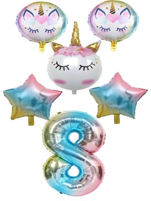 Best Parti Unicorn Karakter  Rakamlı Yıldızlı Folyo Balon Seti Yaş 8